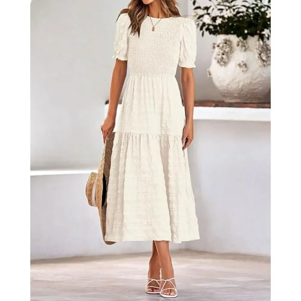 Women's Beige Polyester Crew Neck Short Sleeve A Line Casual Midi Dress